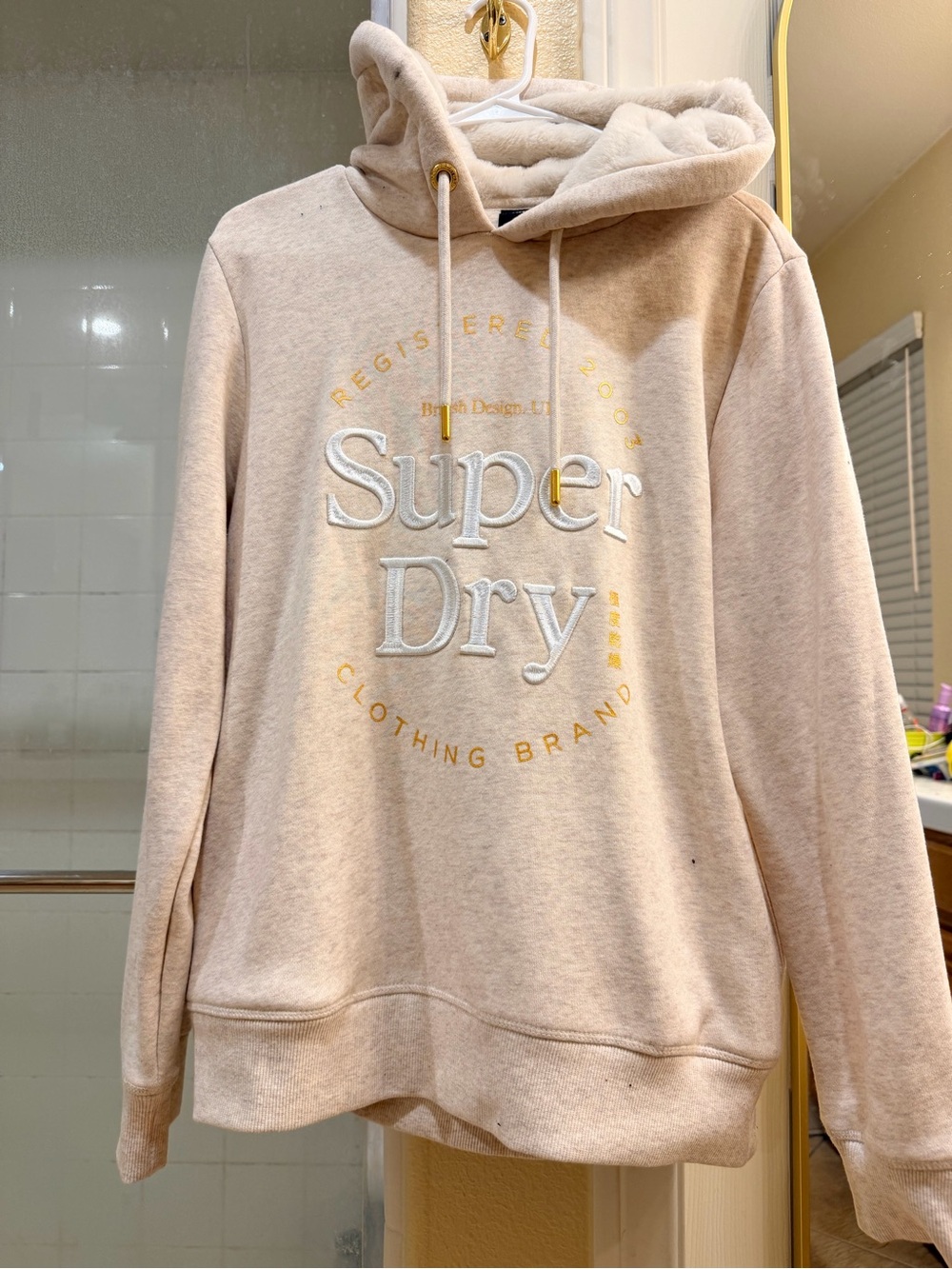 Superdry Cream Pullover Hoodie with Gold Accents